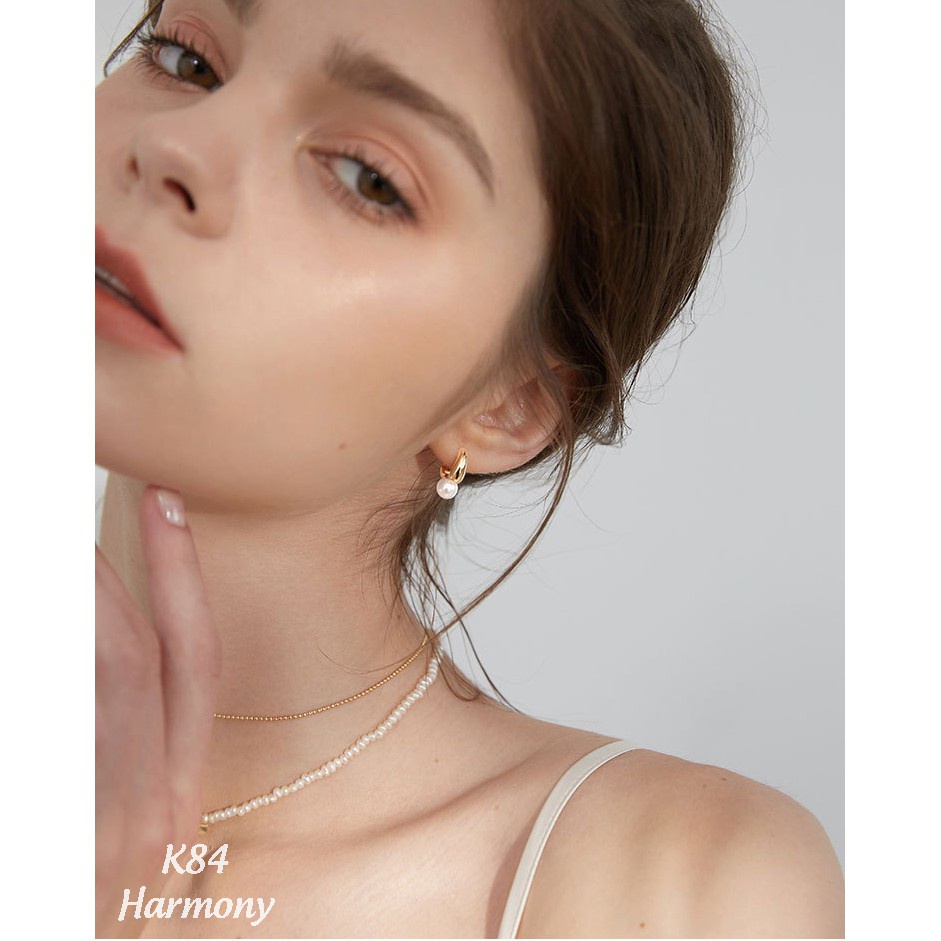 Khuyên tai tròn nữ bạc 925 hạt ngọc trai nhân tạo 2 màu xi bạch kim và vàng hồng sang chảnh | HARMONY ACCESSORIES K84