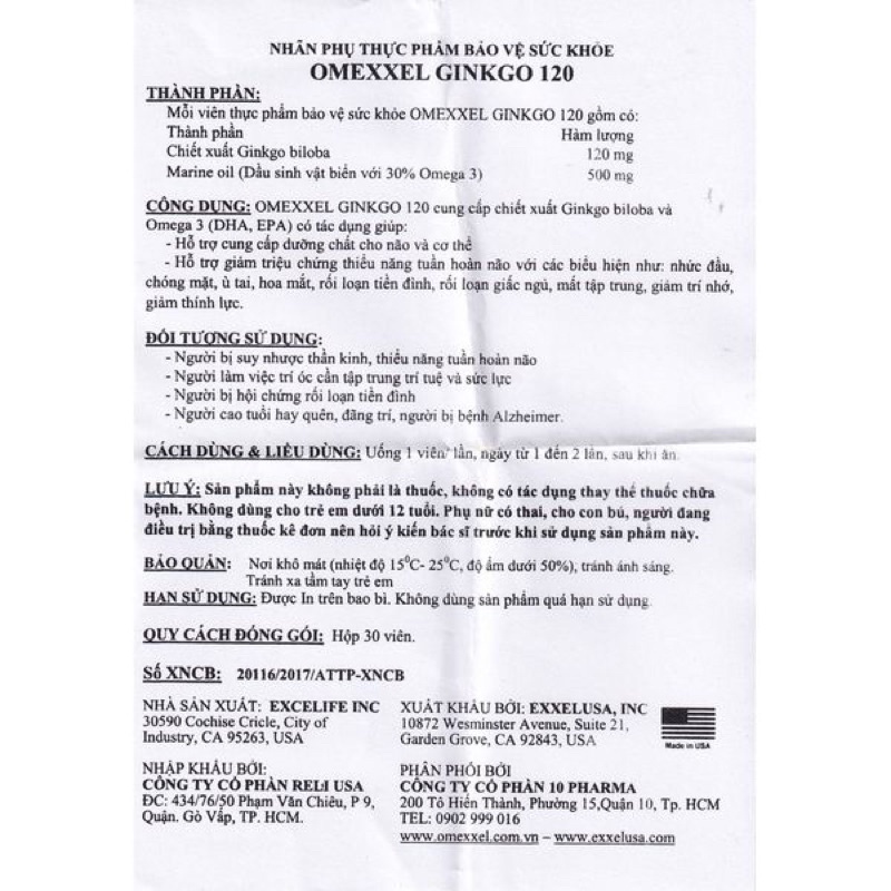 Viên Uống Hoạt Huyết Dưỡng Não Omexxel Ginkgo 120 Excelife 30 Viên