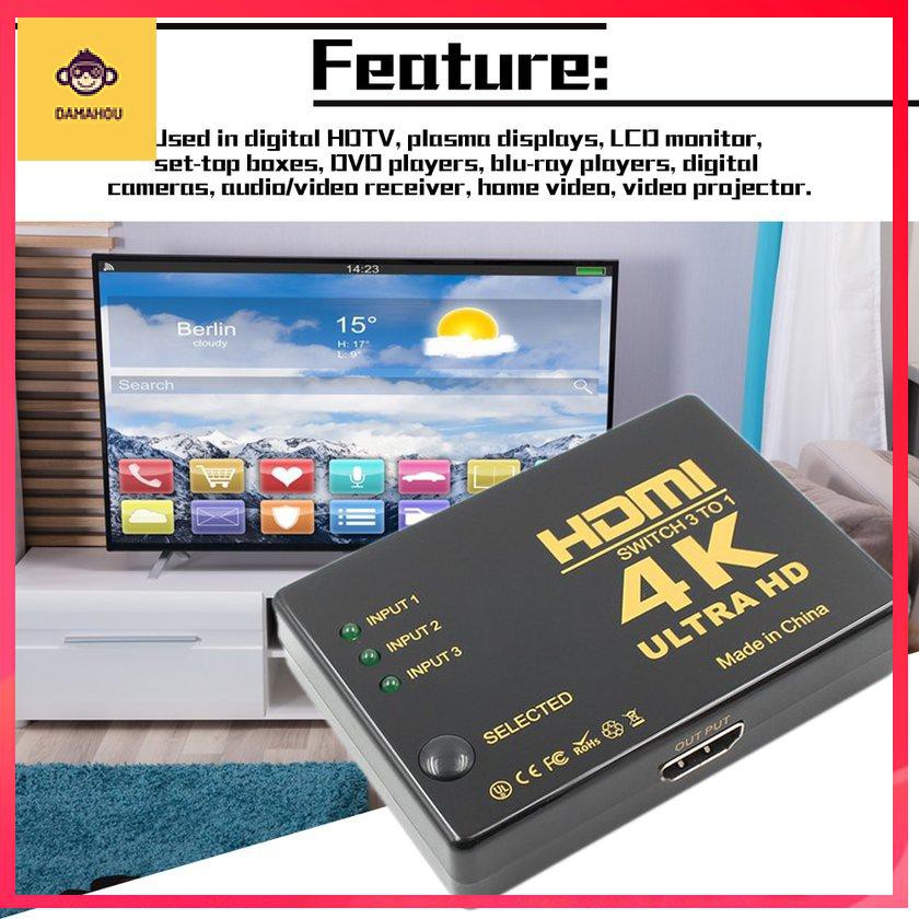 Công tắc chuyển đổi HDMI 3 đầu vào sang 1 đầu ra Bộ chia âm thanh video 4K Ultra HD