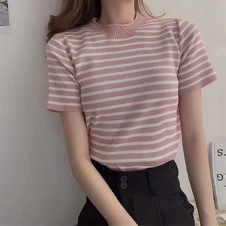 Áo len nữ dệt kim ngắn tay cổ tròn kẻ sọc xinh xắn