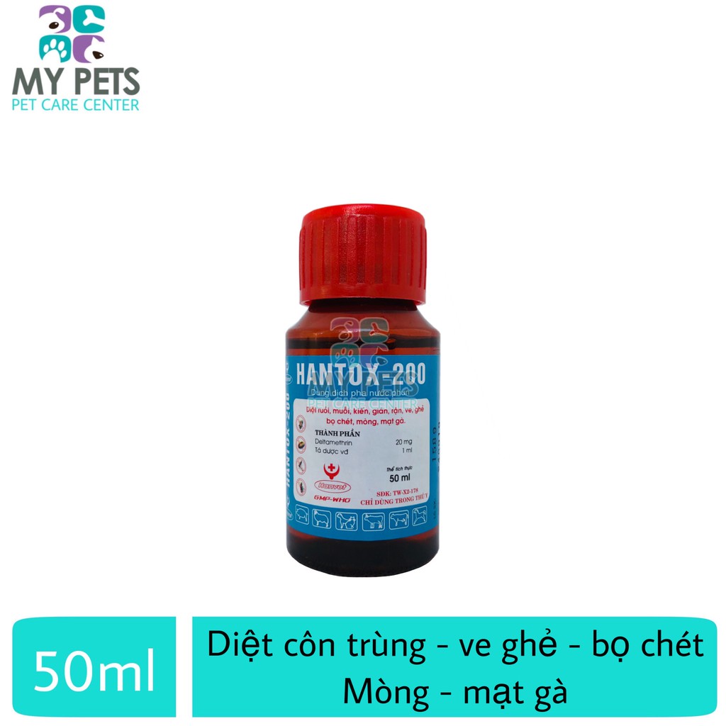 Dung dịch pha phun diệt kiến dán ve ghẻ, bọ chét, mòng mạt gà hiệu lực tức thì nhanh chóng - Hantox 200 lọ 50ml