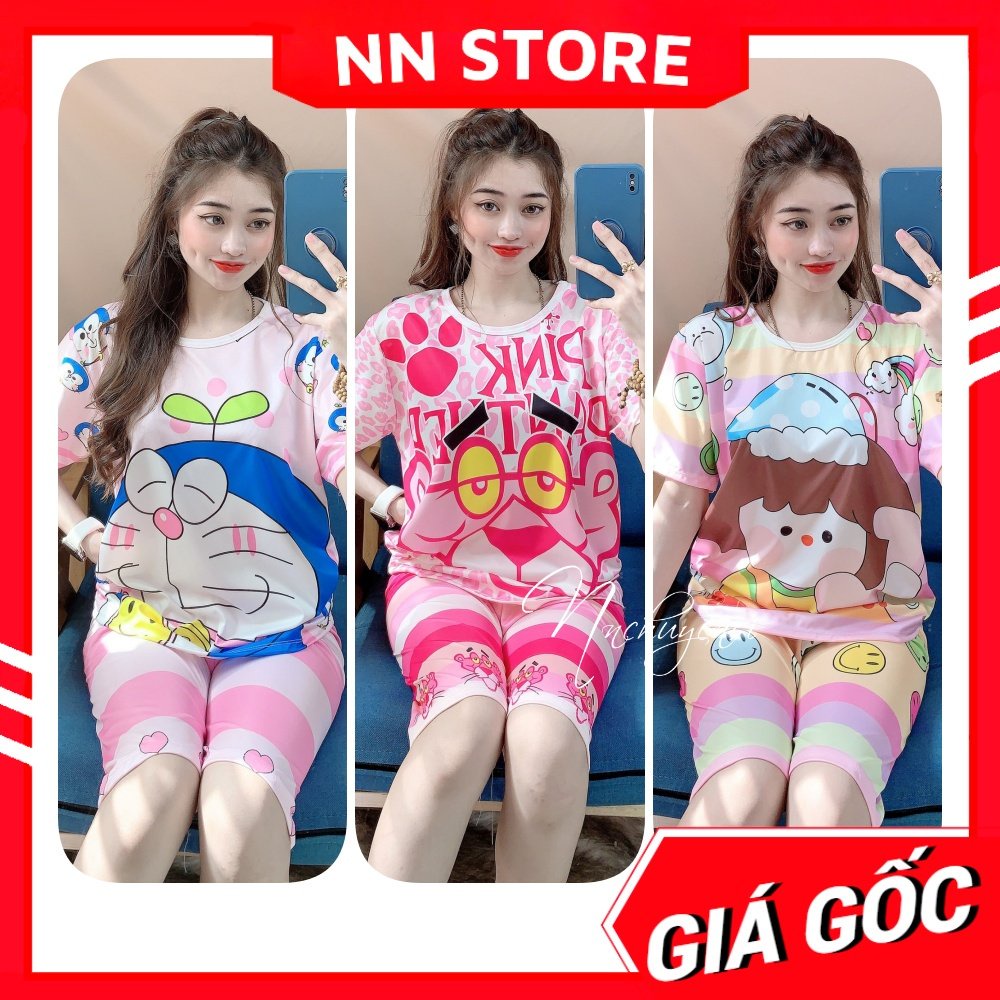 Đồ bộ thun QUẦN LỬNG cho nữ mặc nhà dưới 60kg chất thun mềm mát in kitty doremon hoạt hình chibi dễ thương DBRBL SIZE L