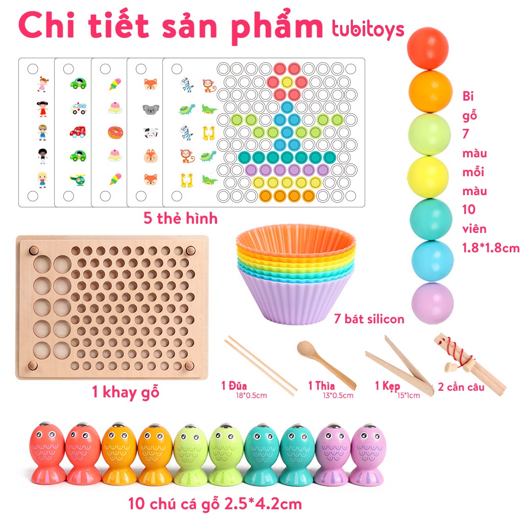 Đồ chơi trí tuệ Montessori cho bé TUBITOYS bộ gắp hạt câu cá lật hình luyện trí nhớ tư duy sáng tạo mẫu mới