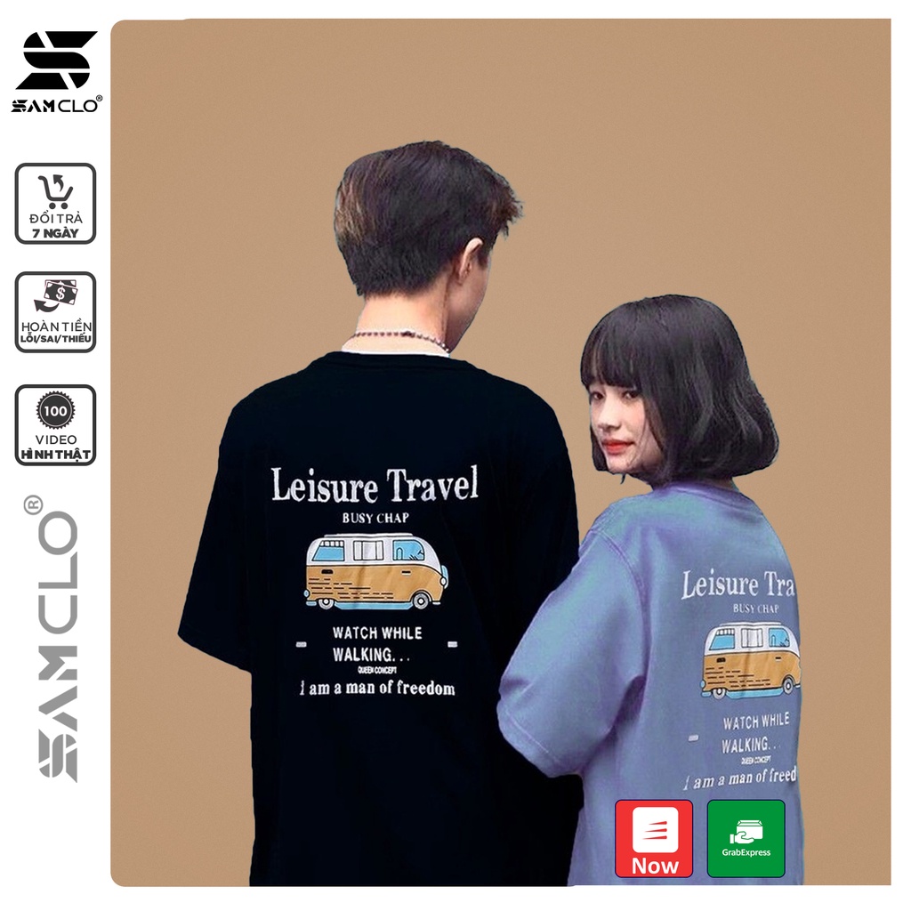 Áo thun nữ tay lỡ SAM CLO freesize phông form rộng Unisex, mặc lớp, nhóm, cặp in chữ leisure travel hình XE BUS