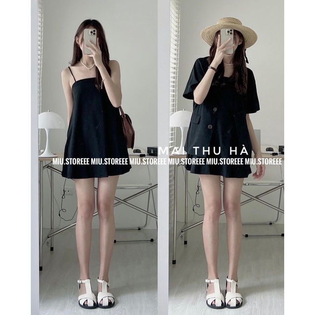 SET VÁY HAI DÂY KÈM VEST BLAZER TRƠN ĐŨI LINEN SV2SVB