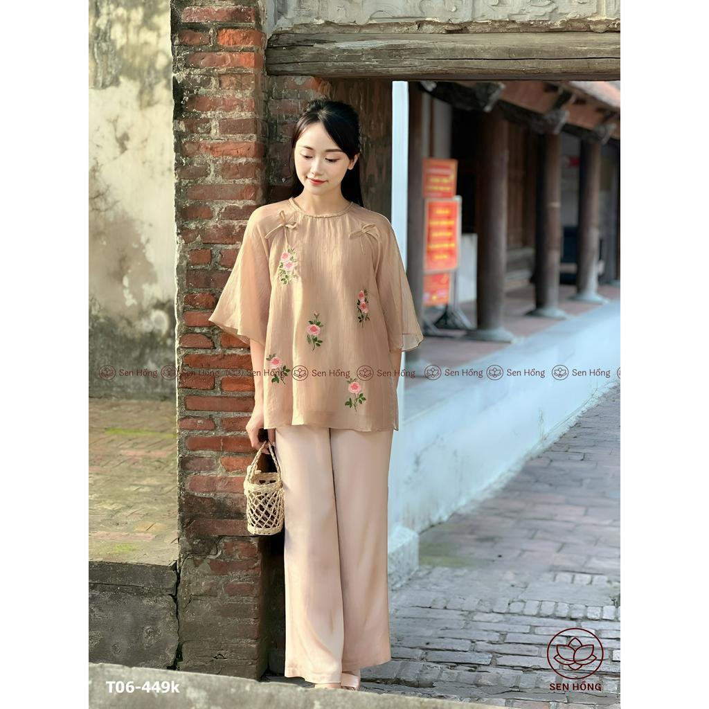 [MỚI] SET TRANG PHỤC PHẬT TỬ - Quần áo truyền thống nữ vải đũi tơ 2 lớp thêu hoa hồng - áo lam đi chùa đi chơi T06