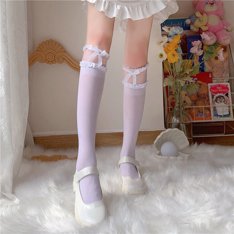 Đôi Vớ Dài Qua Gối Mềm Mại Phối Ren Đính Nơ Màu Trắng Đen Phong Cách Lolita Nhật Bản Cho Nữ