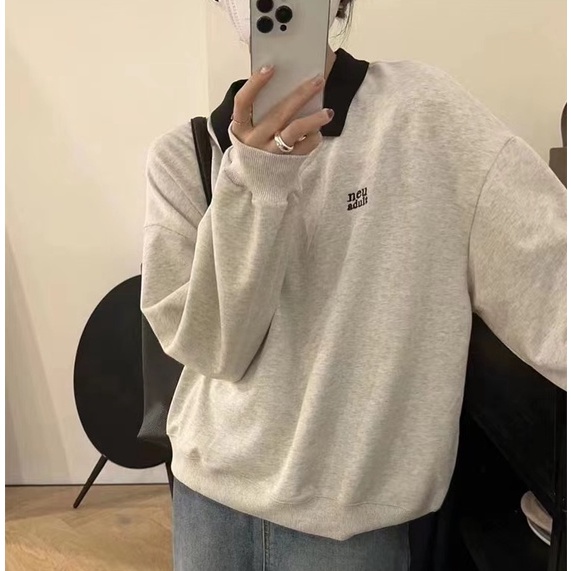 ZHELIHANGFEI Áo Thun Nỉ Tay Dài Có Cổ Dáng Rộng In Họa Tiết Phong Cách Preppy