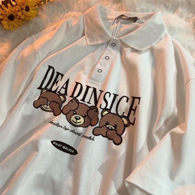 [ Rẻ vô địch ] áo thun có cổ, áo polo dáng rộng tay lỡ unisex - ba chú gấu
