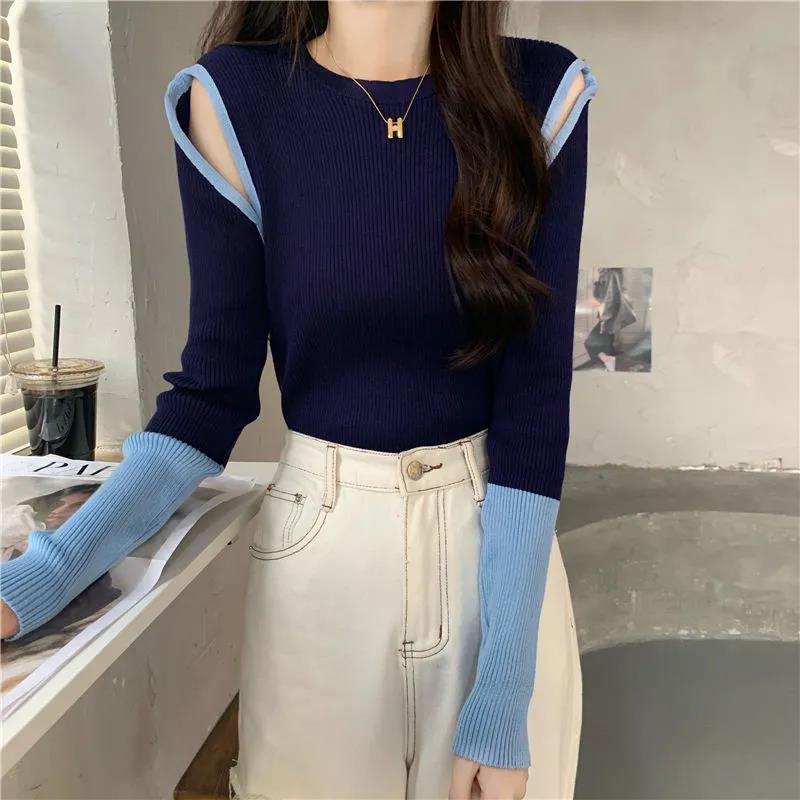 ANTUSON.Áo sweater dệt kim hở vai thời trang mùa thu Hàn Quốc cho nữ 2023