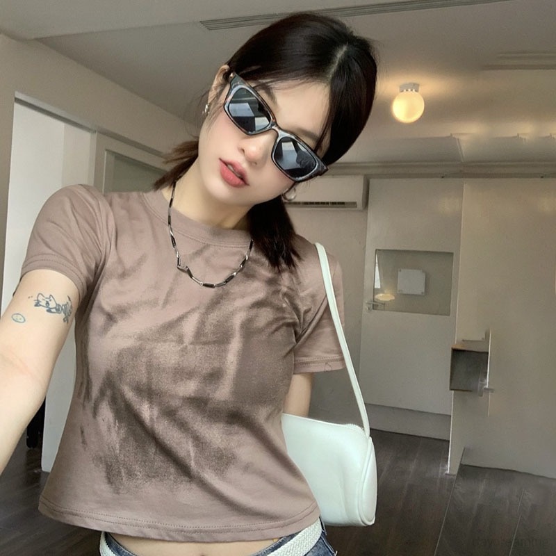 Áo Thun Croptop Cổ Tròn Dáng Ôm Phong Cách Retro Hàn Quốc Cho Nữ