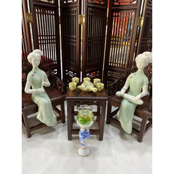 Bộ ấm trà kiểu Nhật tí hon 6 món gốm sứ để trang trí