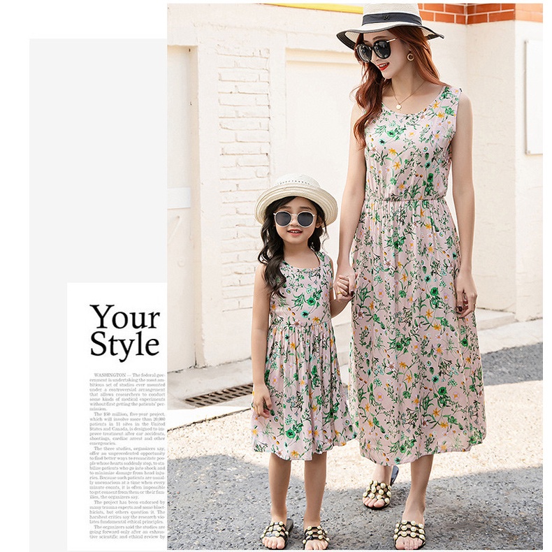 Đầm Cotton Dáng Dài Không Tay In Hoa Thời Trang Xuân Hè Dành Cho Mẹ Và Bé Size S-XL 110-160cm