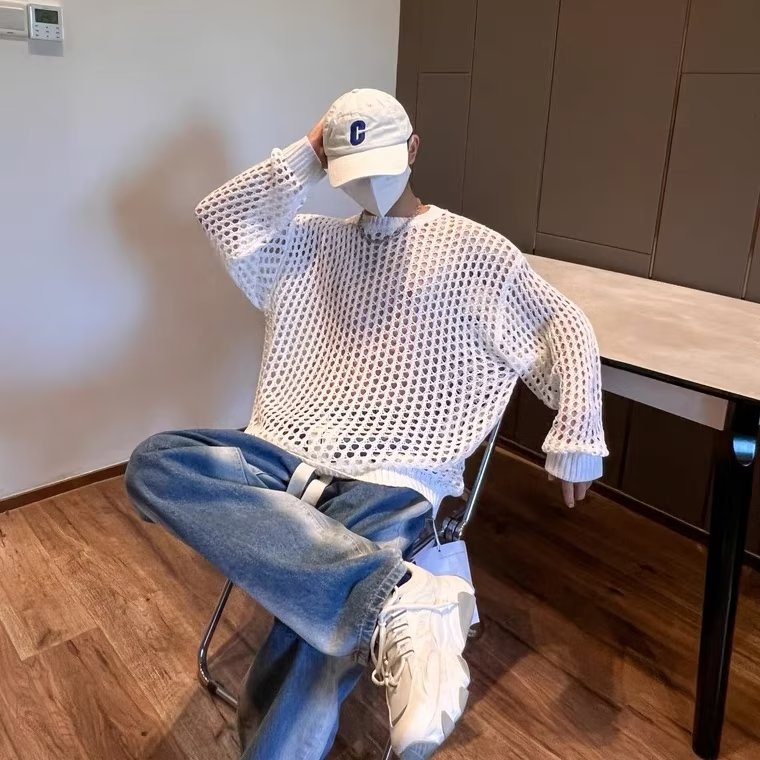 Áo Sweater Dệt Kim Tay Dài Chống Nắng Dáng Rộng Khoét Lỗ Đơn Giản Thời Trang Phong Cách Hàn Quốc Cho Nam Và Nữ