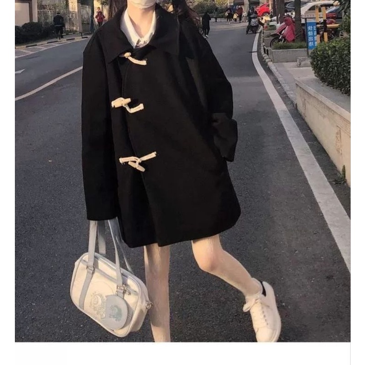 Áo khoác dạ đen cài nút mùa đông oder taobao