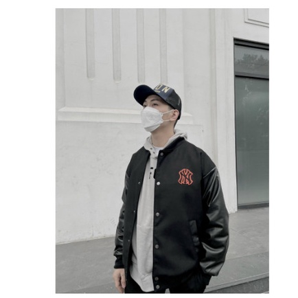 .Áo Khoác Bomber MLB NY, Áo Khoác Varsity MLB vải nỉ tay da unisex.