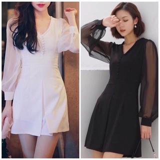 Đầm váy đen tay voan phối ren cổ (kèm hình thật)
