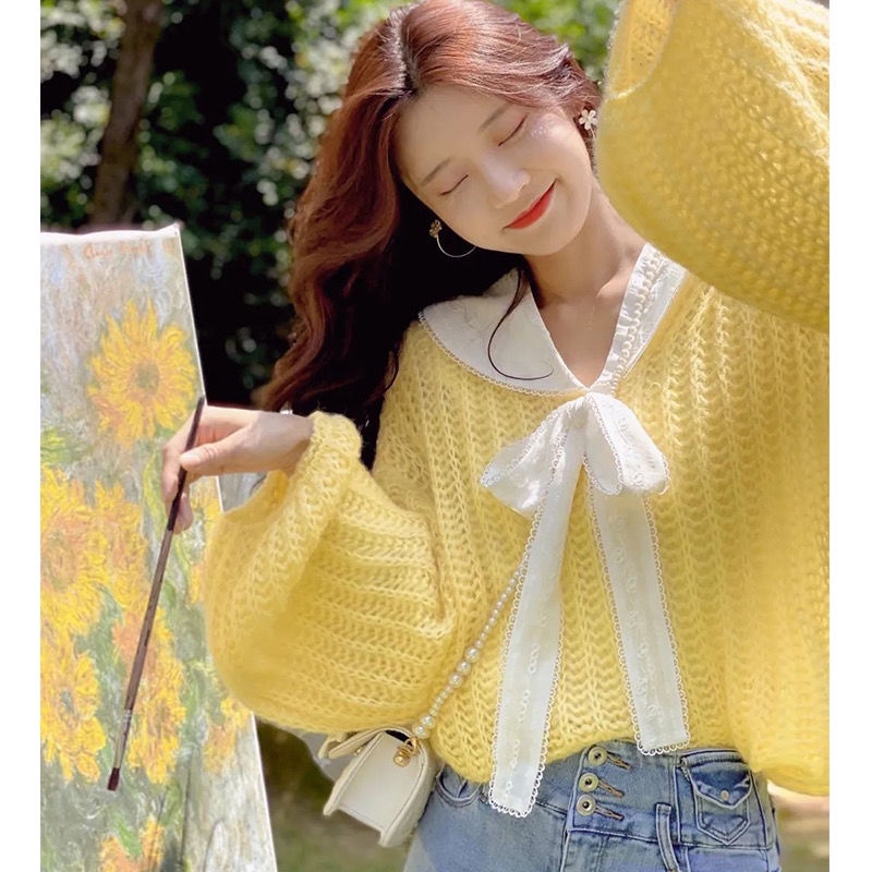 Áo Sweater Dệt Kim Phối Nơ Xinh Xắn Dành Cho Nữ