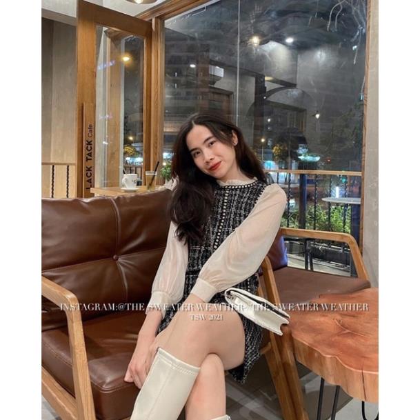 VÁY DẠ KẺ TWEED CỔ BÈO PHỐI TAY VOAN TƠ TIỂU THƯ SIÊU XINH