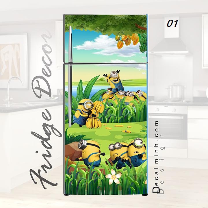 Decal 3D dán cửa tủ lạnh chống thấm chủ đề Minions sinh động (60x130cm/150cm/180cm)