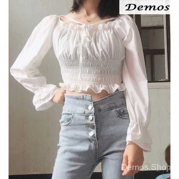 Thời Trang Nữ Áo chiffon tay dài dún bèo màu trắng dành cho nữ