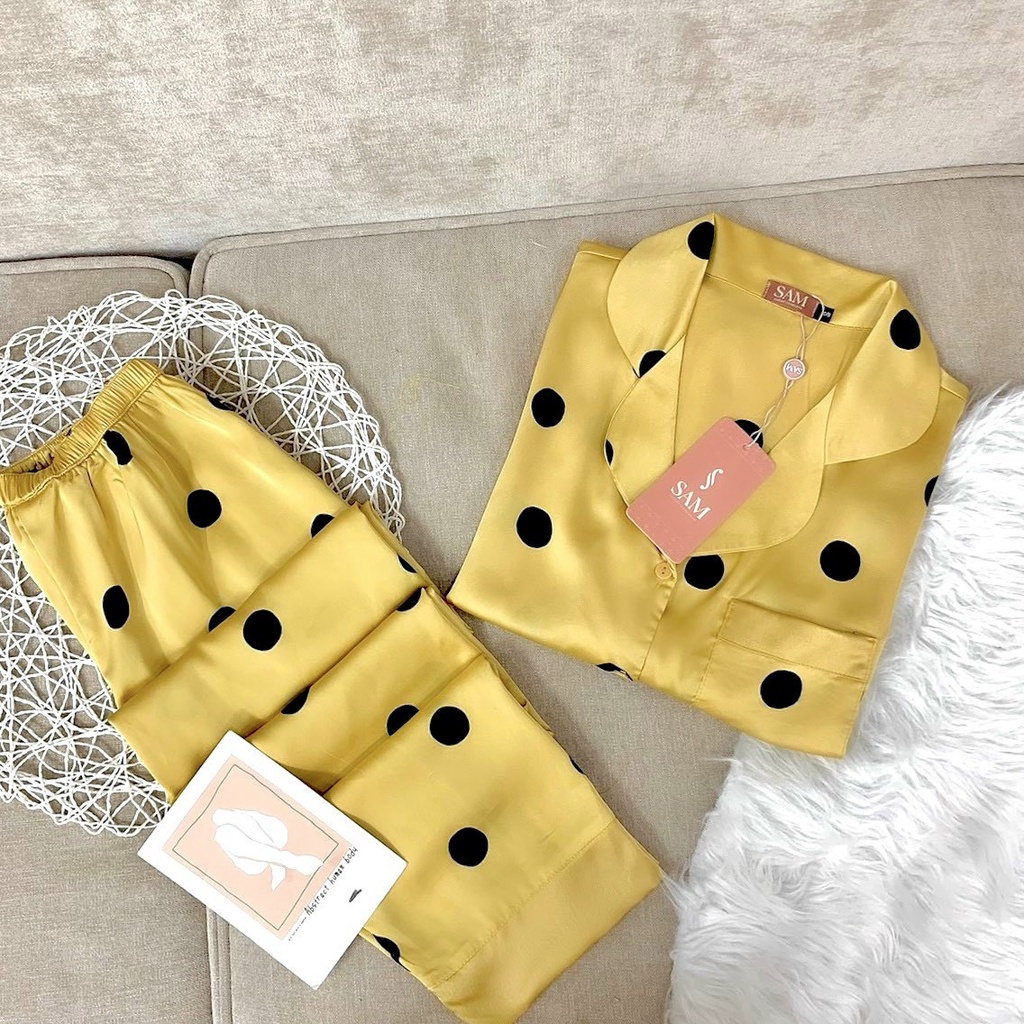Bộ đồ pijama nữ mặc nhà hãng Sam, set đồ ngủ lụa Satin mặc đi ngủ mềm mịn dáng dài họa tiết chấm bi đơn giản