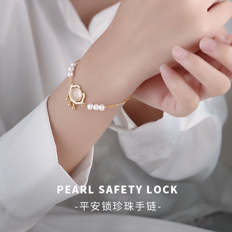 Pearl Safety Lock Bracelet Suitable Design Bells Cat's Eye Jewelry Longevity Locks For Women Retro Style
