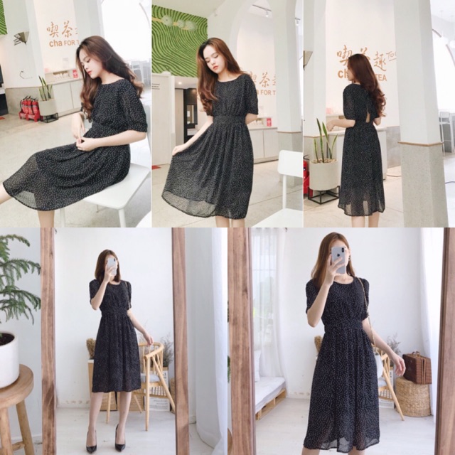 Đầm đen chấm bi Basic Dress cổ tròn bo eo tay lửng chất voan nhẹ kèm lót bên trong - váy suông from dài