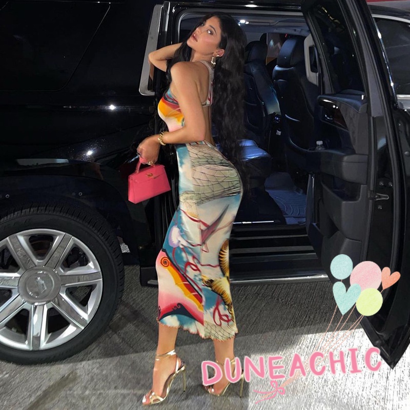 DUNEA Đầm Tank Top Hở Lưng In Họa Tiết Thời Trang Cho Nữ