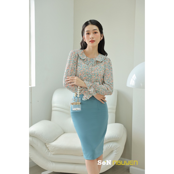 SONNGUYEN Áo sơ mi nữ công sở hoa nhí cổ lá sen tay dài 28405