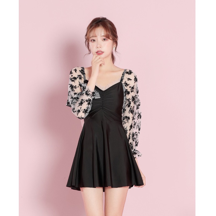 Bộ đồ bơi nữ liền dáng váy tay ren thắt nơ lưng siêu xinh