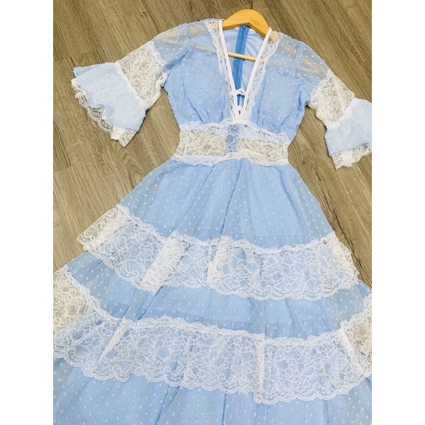 Maxi voan bi xanh biển/trắng hở xẻ ngực, đầm váy dài tiểu thư xoè tầng ren sang trọng, thời trang đi chơi biển du lịch