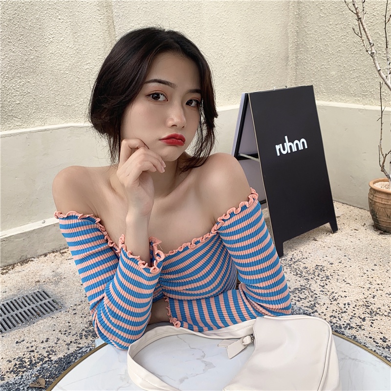 Áo trễ vai kẻ sọc ngang trẻ trung quyến rũ cho nữ