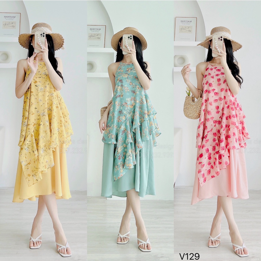 Váy hoa, váy yếm nữ TWINS STORE chất tơ hoa nổi, màu cực xinh - V129