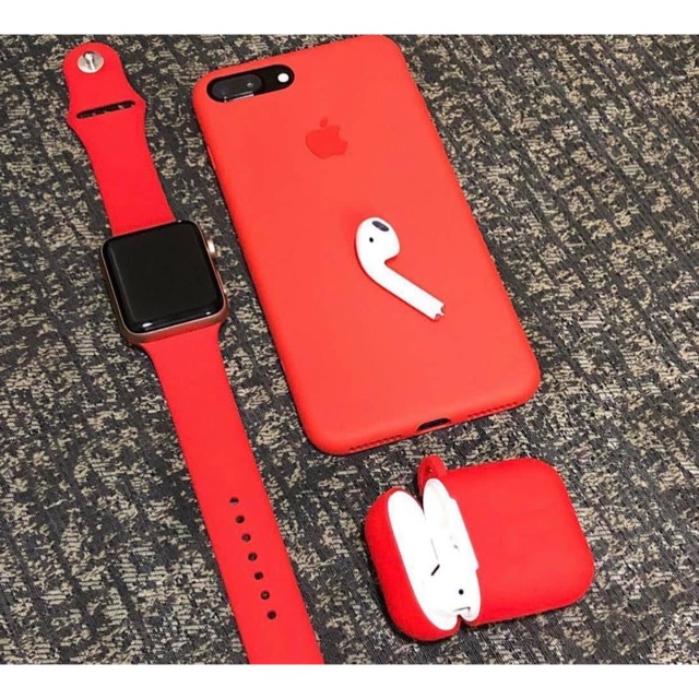 Combo ốp, dây đồng hồ và bao da airponds màu đỏ quyền lực dành cho apple watch