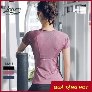 Áo tập thể thao nữ Louro LA35, kiểu áo tập thể dục nữ tay ngắn, chất liệu co giãn, thoáng mát