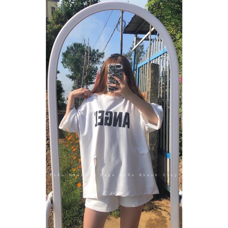 Bộ Đồ Mặc Nhà,sét đồ nữ mặc nhà ANGEL áo thun tay lỡ xẻ tà kèm quần short đùi dáng rộngt thể thao basic