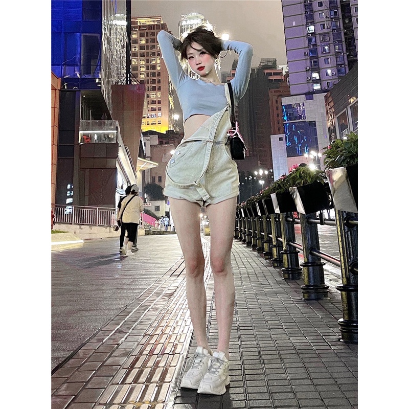 SET ÁO TRỄ VAI NỮ DÀI TAY + QUẦN YẾM SHORT JEAN TÔN DÁNG NỮ ULZZANG