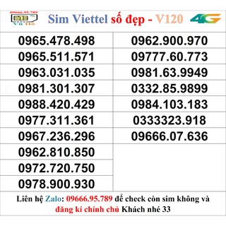 Sim Viettel V120 đầu 09 số đẹp giá rẻ 33