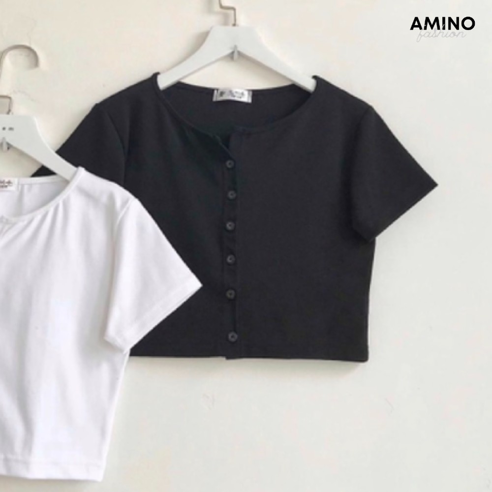 Áo croptop nữ tay ngắn phối cúc cài thời trang | BigBuy360 - bigbuy360.vn