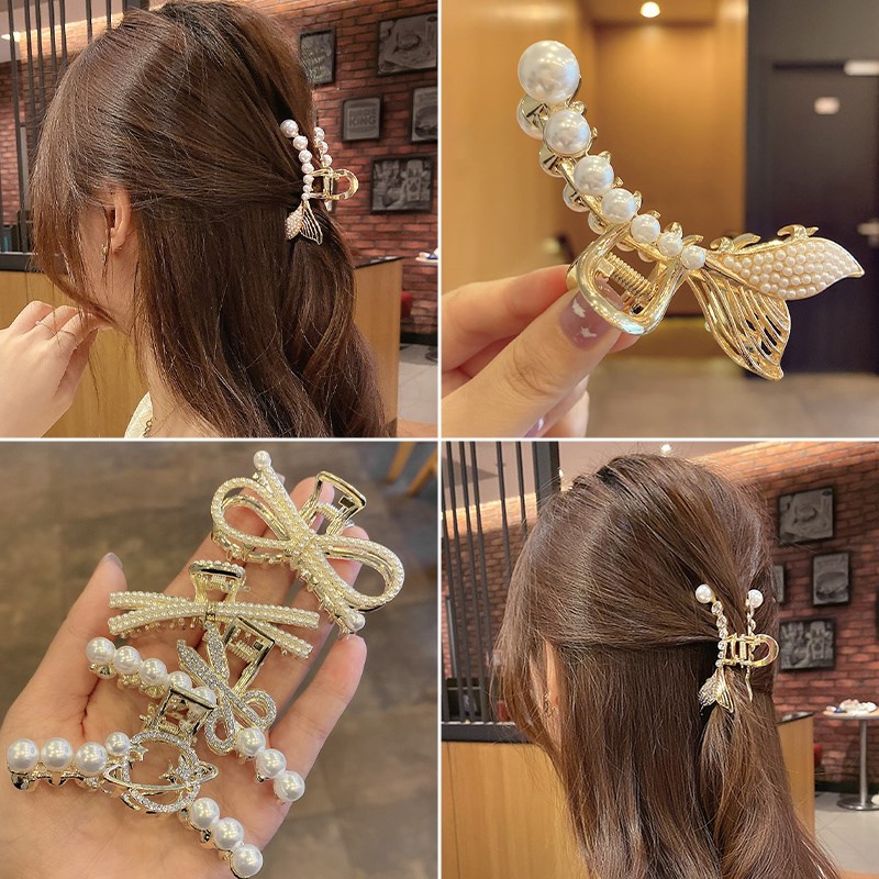 Kẹp Tóc Hình Cá Mập Đính Đá Ngọc Trai Nhân Tạo Bằng Kim Loại Phong Cách Vintage Thanh Lịch Cho Nữ