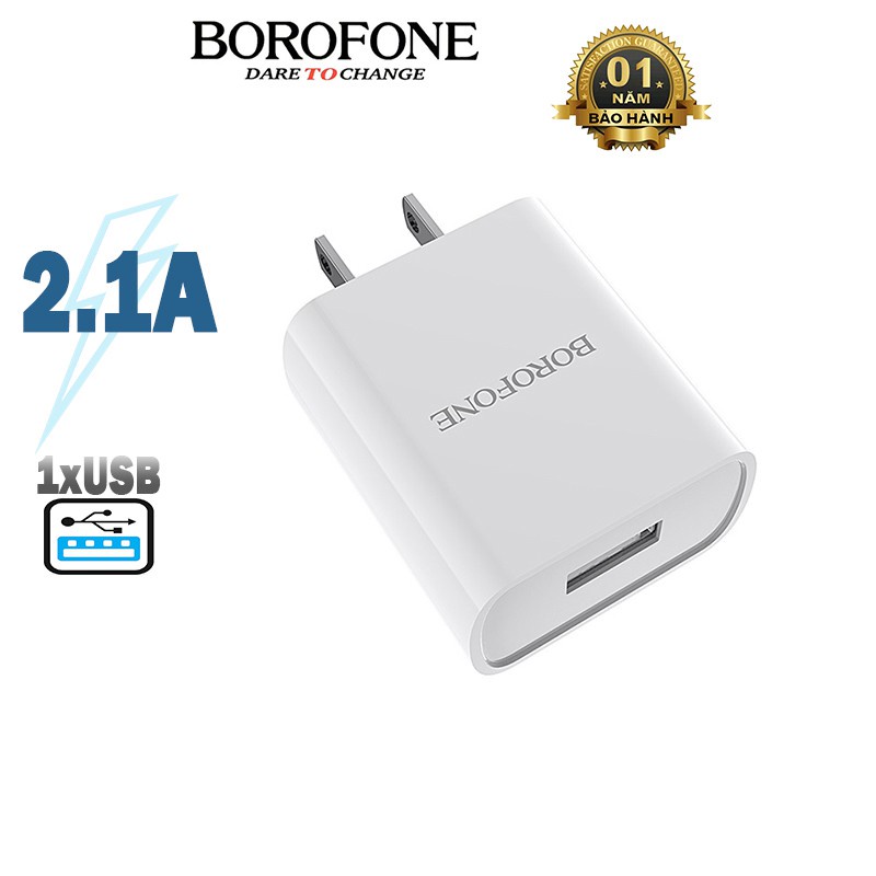 Củ sạc 2.1A BOROFONE BA20 cóc sạc full các dòng điện thoại, sạc dự phòng, 1 cổng USB - Chính hãng