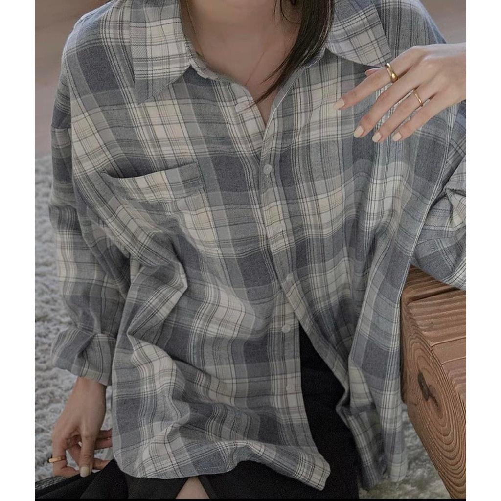 [ẢNH THẬT/VIDEO] Áo sơ mi nữ đi học form rộng kẻ caro túi ngực dài tay 2 màu sơ mi Caro Đen/Xanh - sơ mi nữ Form Rộng