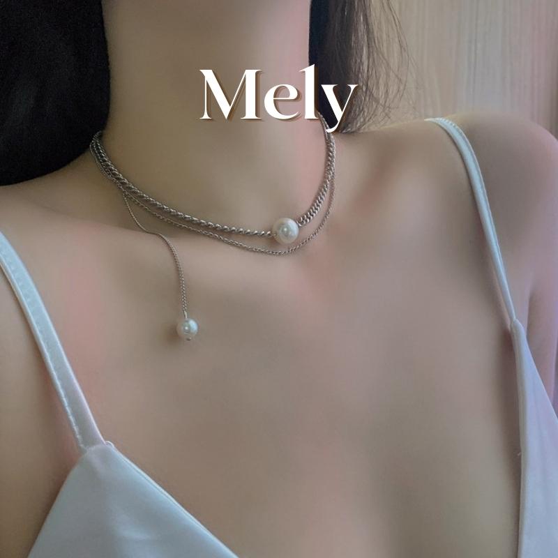 [KHÔNG ĐEN GỈ] Dây chuyền titan, vòng cổ unisex mắt xích sợi đôi phối ngọc trai nhân tạo Mely CT10