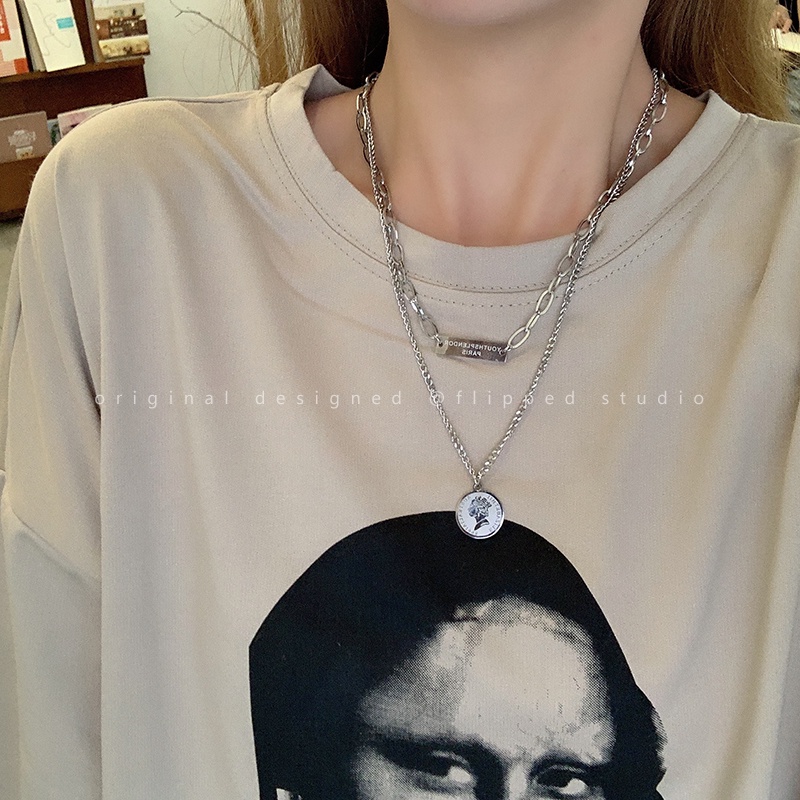 Vòng cổ Hai Lớp Mặt Thẻ Tròn Đơn Giản Phong Cách Hàn Quốc