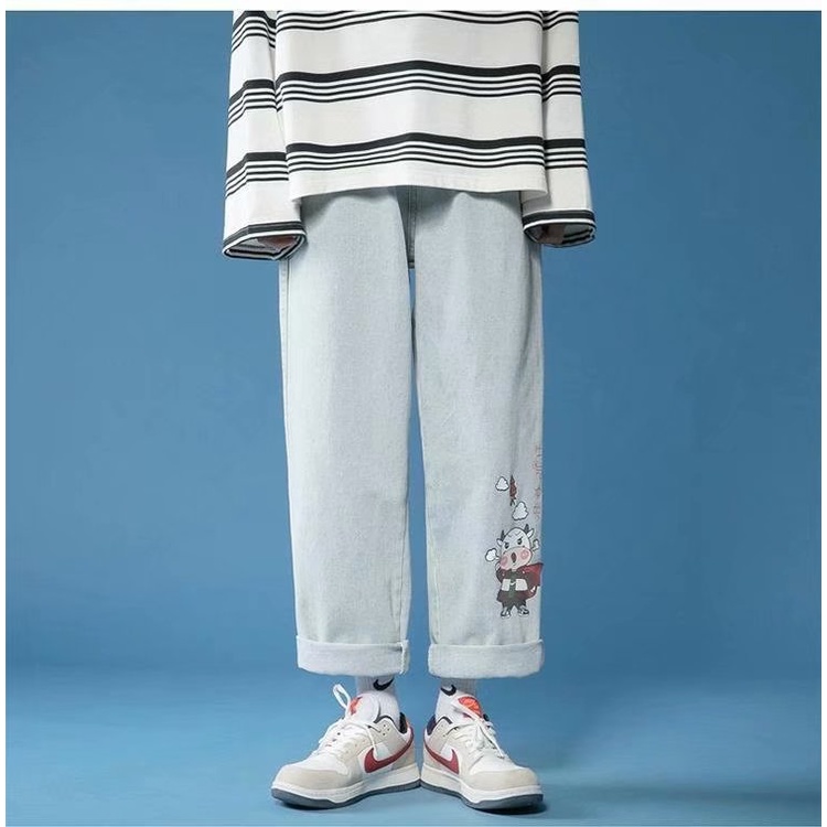 Quần Jean Dài Oversize In Họa Tiết Hoạt Hình Phong Cách Hàn Quốc Thời Trang Cho Nam Size S-3XL