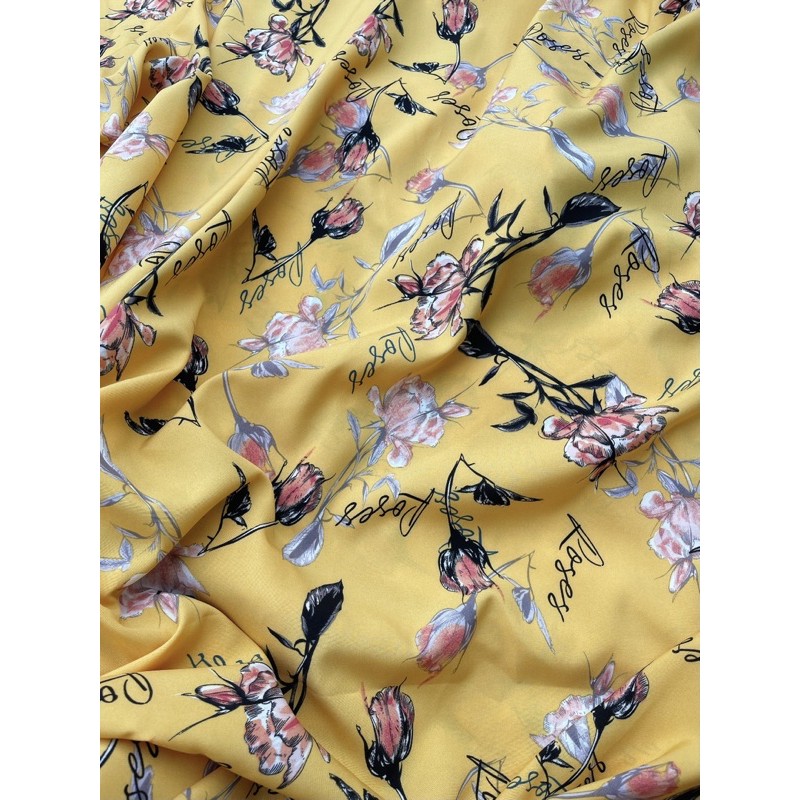 vải lụa hàng châu cành hồng phối chữ may sơ mi,váy,bộ