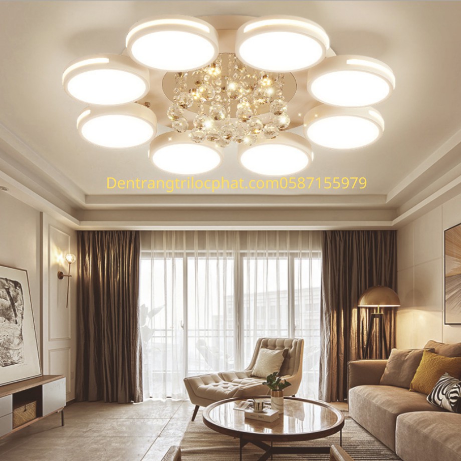 Đèn trần, đèn ốp trần 8 cánh tròn thả pha lê trang trí phòng khách kèm khiển