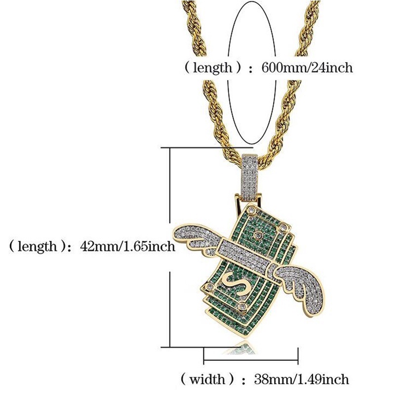 Hip Hop Cánh Bay Tiền Mặt Dây Chuyền Vòng Cổ Thời Trang AAA Zircon Vòng Cổ Nam Nữ