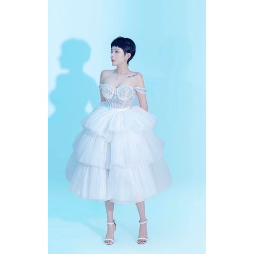 MS1273V ĐẦM XOÈ TRỄ VAI ĐÍNH Đ.Á ✔Màu: trắng, hồng